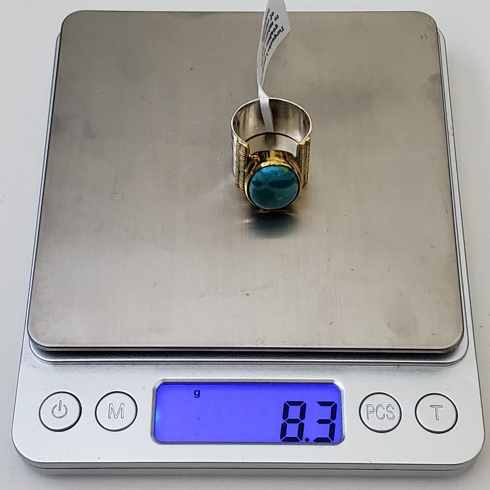 925 Sterling Silver & Brass Mohave Turquoise Ring Size 6.5 - Picture 3 of 9